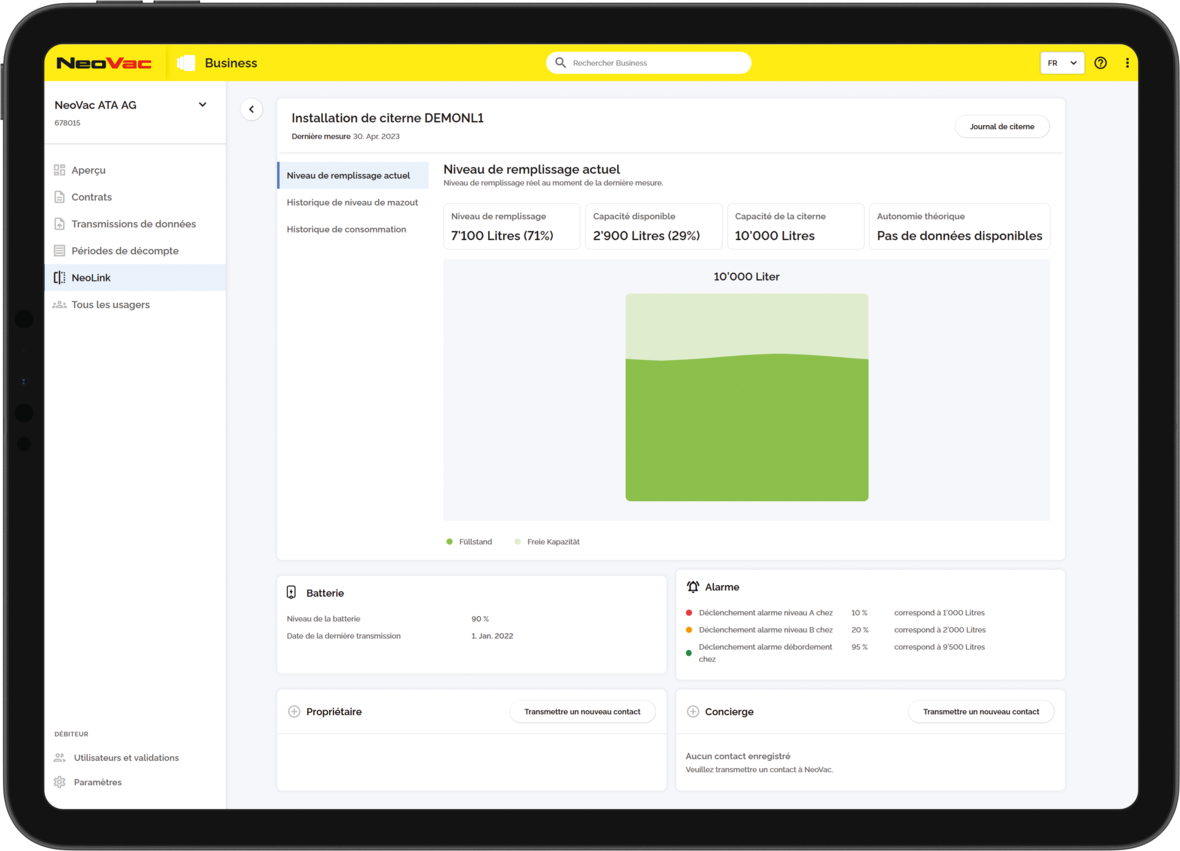 Aperçu du niveau de  remplissage de toutes les citernes | © NeoVac